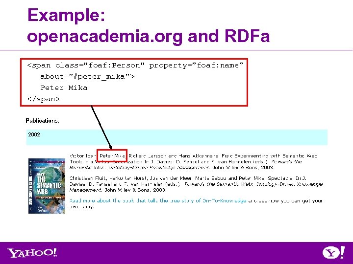 Example: openacademia. org and RDFa <span class="foaf: Person" property="foaf: name" about="#peter_mika"> Peter Mika </span>