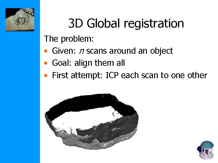 3 D Global registration The problem: • Given: n scans around an object •