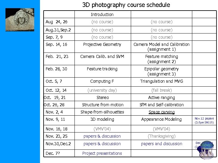 3 D photography course schedule Introduction Aug 24, 26 (no course) Aug. 31, Sep.