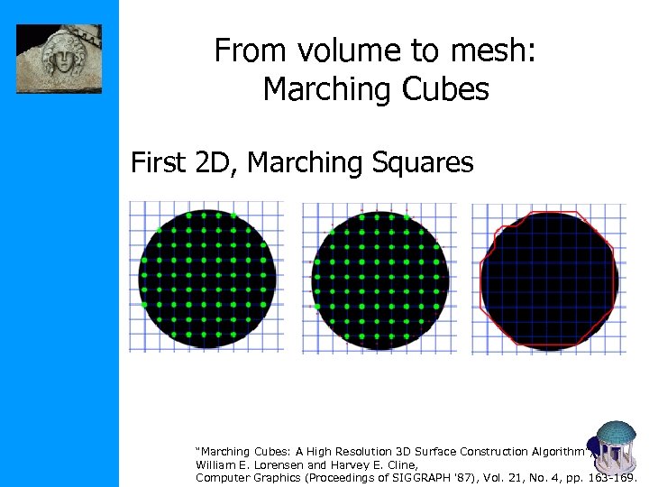 From volume to mesh: Marching Cubes First 2 D, Marching Squares “Marching Cubes: A