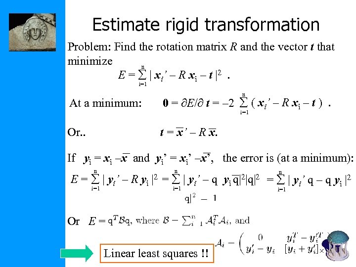 Estimate rigid transformation Problem: Find the rotation matrix R and the vector t that