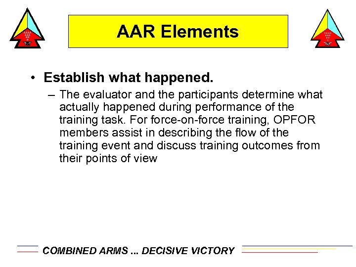 AAR Elements • Establish what happened. – The evaluator and the participants determine what