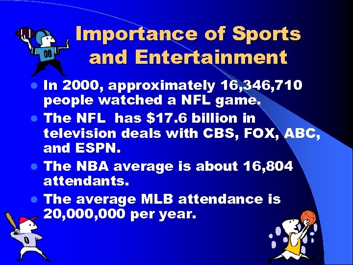 Importance of Sports and Entertainment In 2000, approximately 16, 346, 710 people watched a