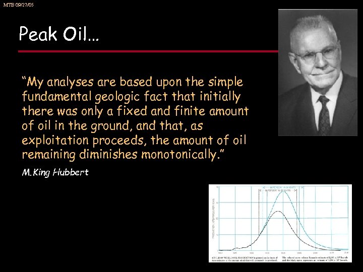 MTB 09/27/05 Peak Oil… “My analyses are based upon the simple fundamental geologic fact