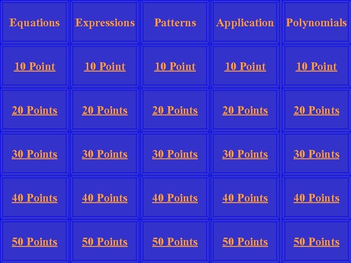 Equations Expressions Patterns Application Polynomials 10 Point 10 Point 20 Points 20 Points 30