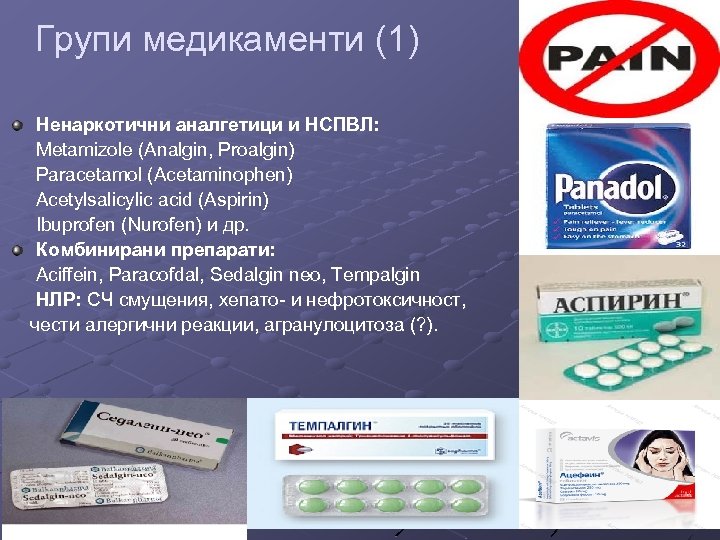 Групи медикаменти (1) Ненаркотични аналгетици и НСПВЛ: Metamizole (Analgin, Proalgin) Paracetamol (Acetaminophen) Acetylsalicylic acid