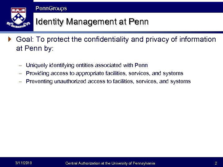 The Fast Framework Penn. Groups Identity Management at Penn } Goal: To protect the