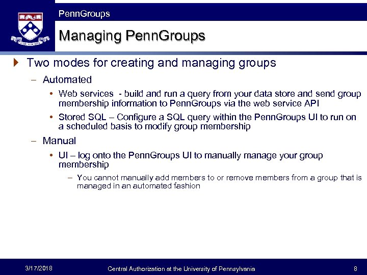 The Fast Framework Penn. Groups Managing Penn. Groups } Two modes for creating and