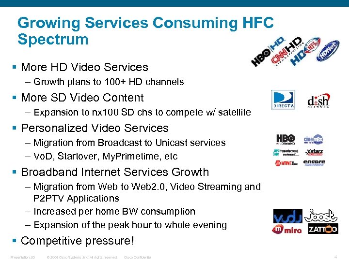 Growing Services Consuming HFC Spectrum § More HD Video Services – Growth plans to