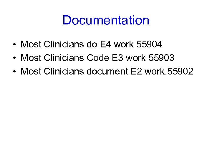 Documentation • Most Clinicians do E 4 work 55904 • Most Clinicians Code E