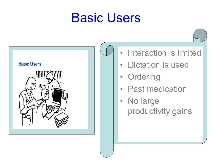 Basic Users • • • Interaction is limited Dictation is used Ordering Past medication