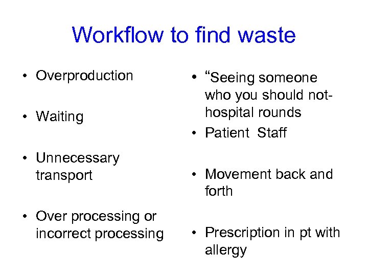 Workflow to find waste • Overproduction • “Seeing someone • Waiting who you should