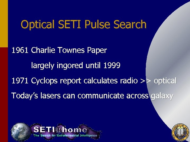 Optical SETI Pulse Search 1961 Charlie Townes Paper largely ingored until 1999 1971 Cyclops