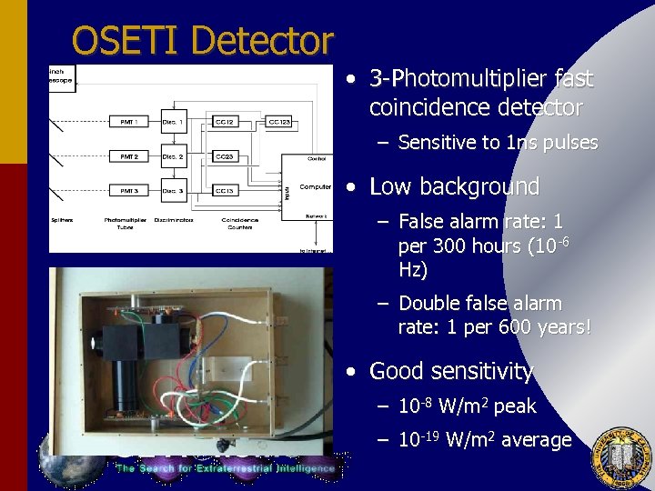 OSETI Detector • 3 -Photomultiplier fast coincidence detector – Sensitive to 1 ns pulses