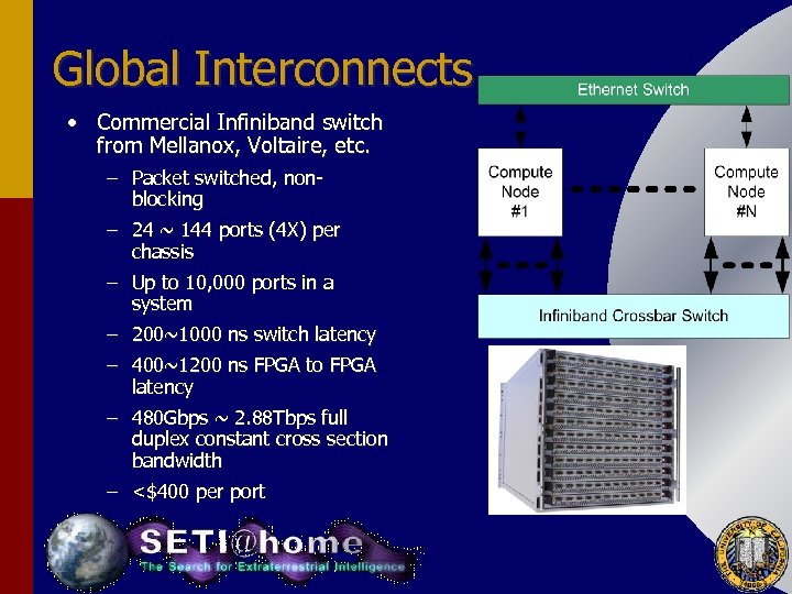 Global Interconnects • Commercial Infiniband switch from Mellanox, Voltaire, etc. – Packet switched, nonblocking