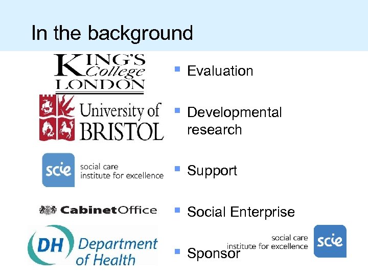 In the background § Evaluation § Developmental research § Support § Social Enterprise §