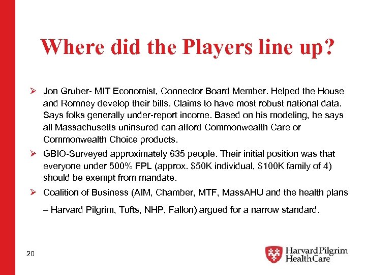 Where did the Players line up? Ø Jon Gruber- MIT Economist, Connector Board Member.