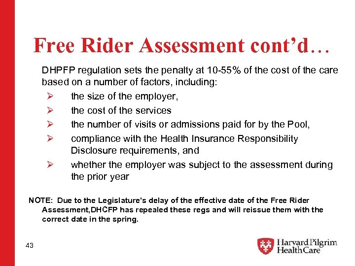 Free Rider Assessment cont’d… DHPFP regulation sets the penalty at 10 -55% of the