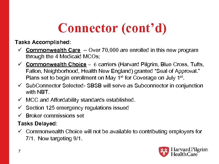 Connector (cont’d) Tasks Accomplished: ü Commonwealth Care -- Over 70, 000 are enrolled in