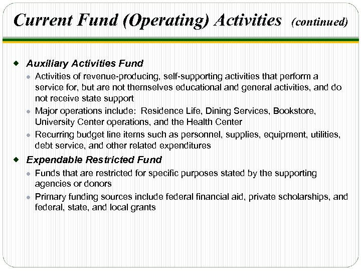 Current Fund (Operating) Activities (continued) ® Auxiliary Activities Fund ● Activities of revenue-producing, self-supporting