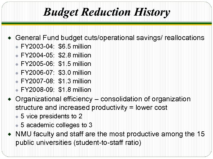 Budget Reduction History ® General Fund budget cuts/operational savings/ reallocations ● ● ● ®