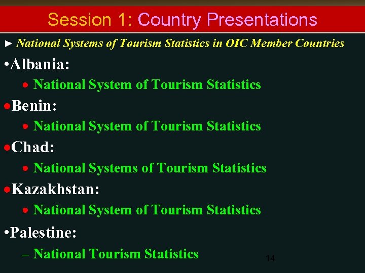 Session 1: Country Presentations ► National Systems of Tourism Statistics in OIC Member Countries