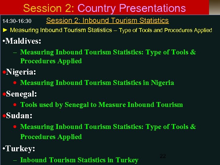 Session 2: Country Presentations 14: 30 -16: 30 Session 2: Inbound Tourism Statistics ►