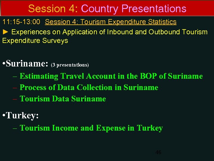 Session 4: Country Presentations 11: 15 -13: 00 Session 4: Tourism Expenditure Statistics ►