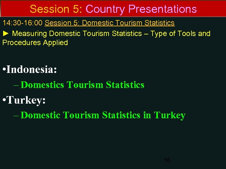Session 5: Country Presentations 14: 30 -16: 00 Session 5: Domestic Tourism Statistics ►