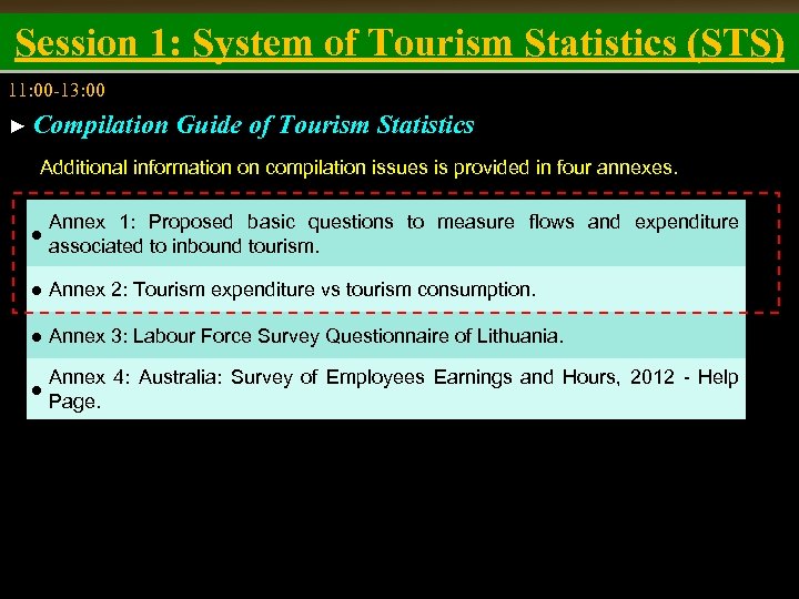 Session 1: System of Tourism Statistics (STS) 11: 00 -13: 00 ► Compilation Guide