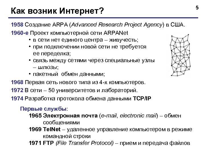 Как возник Интернет? 1958 Создание ARPA (Advanced Research Project Agency) в США. 1960 -е