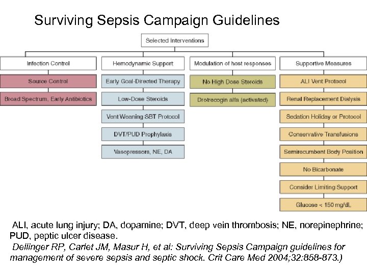 Surviving Sepsis Campaign Guidelines ALI, acute lung injury; DA, dopamine; DVT, deep vein thrombosis;