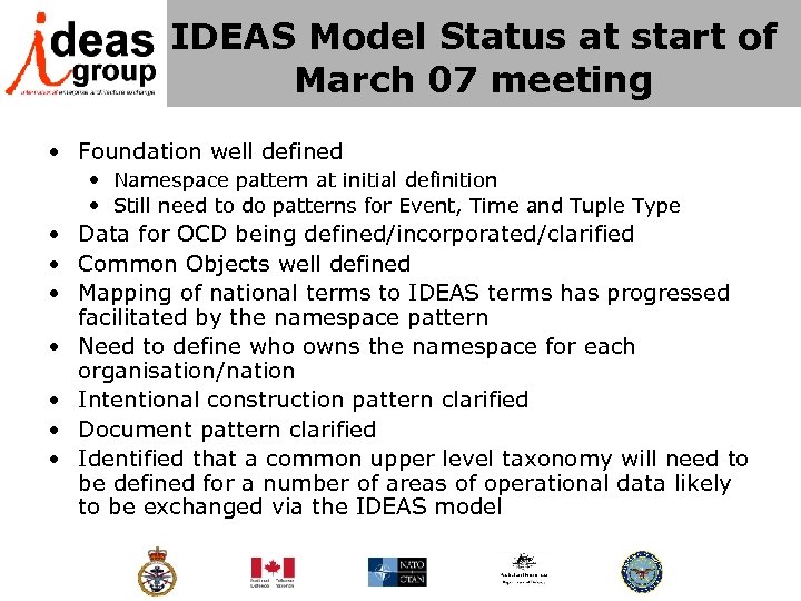 IDEAS Model Status at start of March 07 meeting • Foundation well defined •