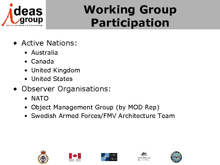 Working Group Participation • Active Nations: • • Australia Canada United Kingdom United States