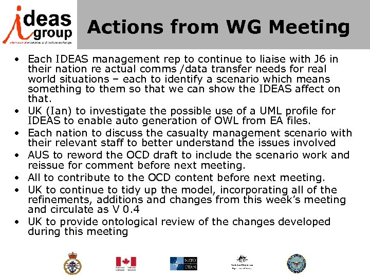 Actions from WG Meeting • Each IDEAS management rep to continue to liaise with