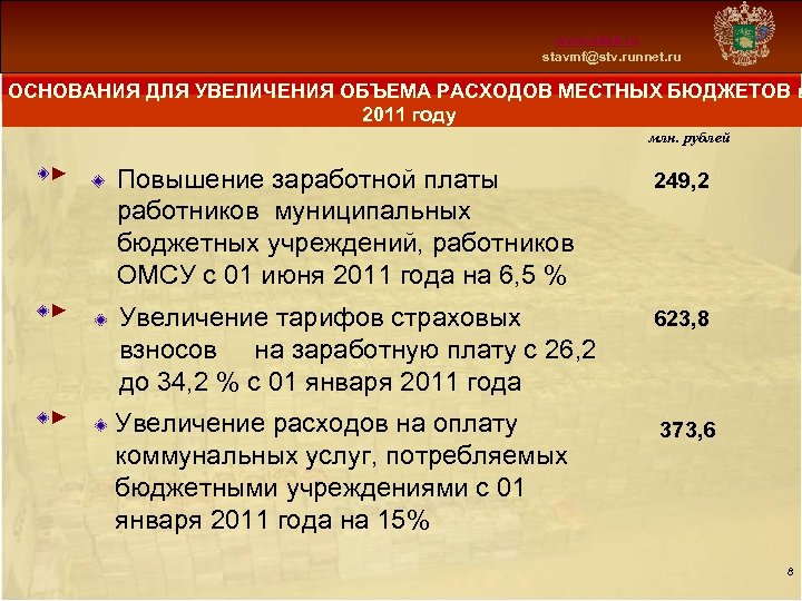 Схема 13 www. mfsk. ru stavmf@stv. runnet. ru ОСНОВАНИЯ ДЛЯ УВЕЛИЧЕНИЯ ОБЪЕМА РАСХОДОВ МЕСТНЫХ