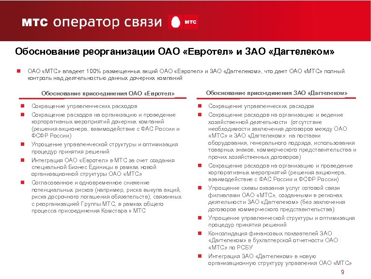 Обоснование реорганизации ОАО «Евротел» и ЗАО «Дагтелеком» n ОАО «МТС» владеет 100% размещенных акций
