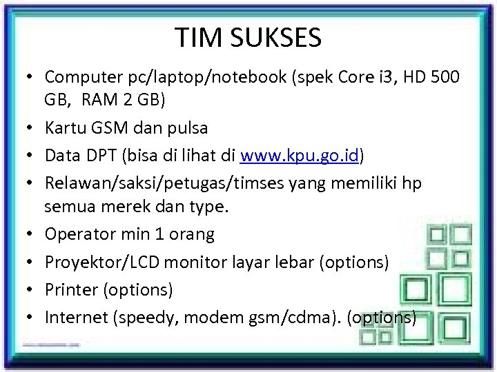 TIM SUKSES • Computer pc/laptop/notebook (spek Core i 3, HD 500 GB, RAM 2