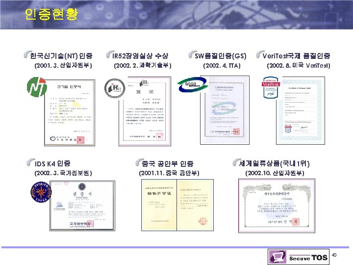 인증현황 한국신기술(NT) 인증 (2001. 3. 산업자원부) IDS K 4 인증 (2002. 3. 국가정보원) IR