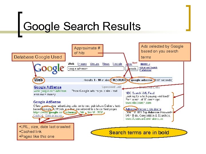 Google Search Results Database Google Used • URL, size, date last crawled • Cached