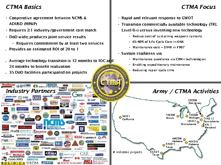 CTMA Basics CTMA Focus • Cooperative agreement between NCMS & ADUSD (MP&P) • Rapid