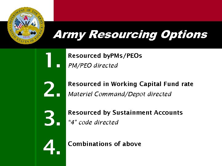 Army Resourcing Options 1. 2. 3. 4. Resourced by. PMs/PEOs PM/PEO directed Resourced in