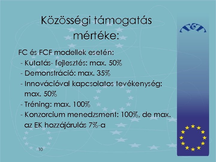 Közösségi támogatás mértéke: FC és FCF modellek esetén: - Kutatás- fejlesztés: max. 50% -