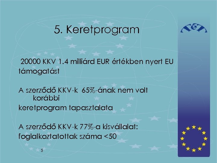 5. Keretprogram 20000 KKV 1. 4 milliárd EUR értékben nyert EU támogatást A szerződő