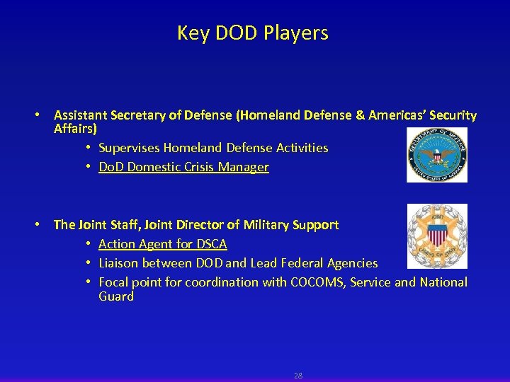 Key DOD Players • Assistant Secretary of Defense (Homeland Defense & Americas’ Security Affairs)
