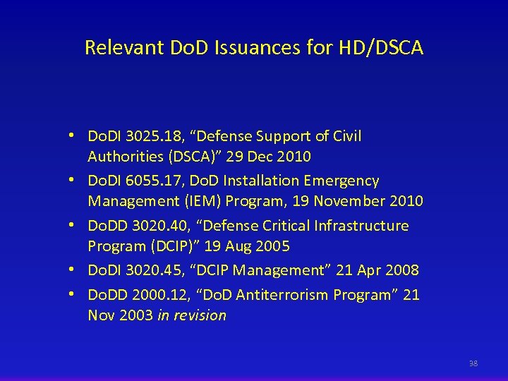 Relevant Do. D Issuances for HD/DSCA • Do. DI 3025. 18, “Defense Support of