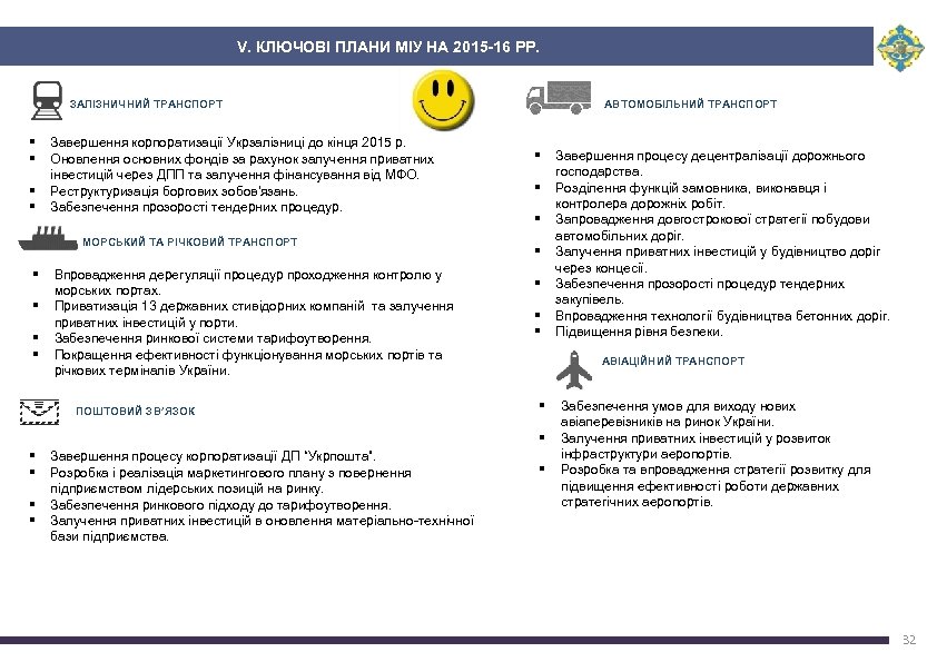 V. КЛЮЧОВІ ПЛАНИ МІУ НА 2015 -16 РР. ЗАЛІЗНИЧНИЙ ТРАНСПОРТ § § Завершення корпоратизації