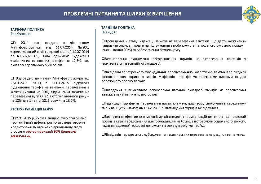 ПРОБЛЕМНІ ПИТАННЯ ТА ШЛЯХИ ЇХ ВИРІШЕННЯ ТАРИФНА ПОЛІТИКА Реалізовано: ТАРИФНА ПОЛІТИКА План дій: q.