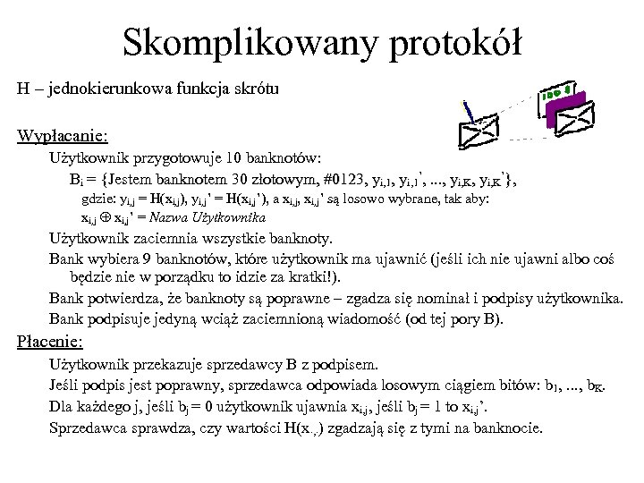 Skomplikowany protokół H – jednokierunkowa funkcja skrótu Wypłacanie: Użytkownik przygotowuje 10 banknotów: Bi =