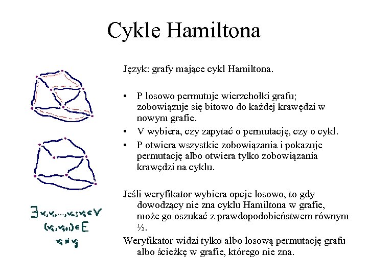 Cykle Hamiltona Język: grafy mające cykl Hamiltona. • P losowo permutuje wierzchołki grafu; zobowiązuje